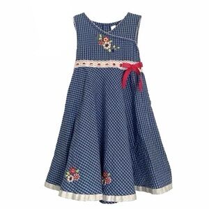 Jenny & Me Dress Girls 5 Seersucker Gingham Blue Embroidered Flower Ribbon Lace